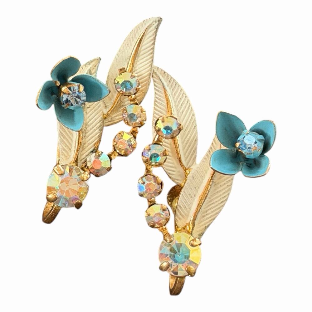 Vintage Austria AB Crystal Metal Floral & Leaf Painted Screw Back Earrings 50s